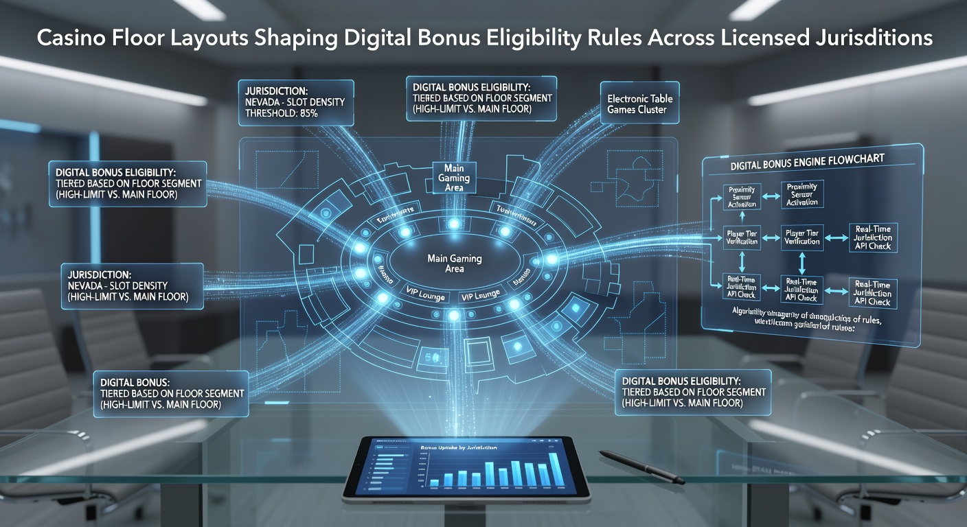 Casino floor layout with zoned areas influencing digital bonus access