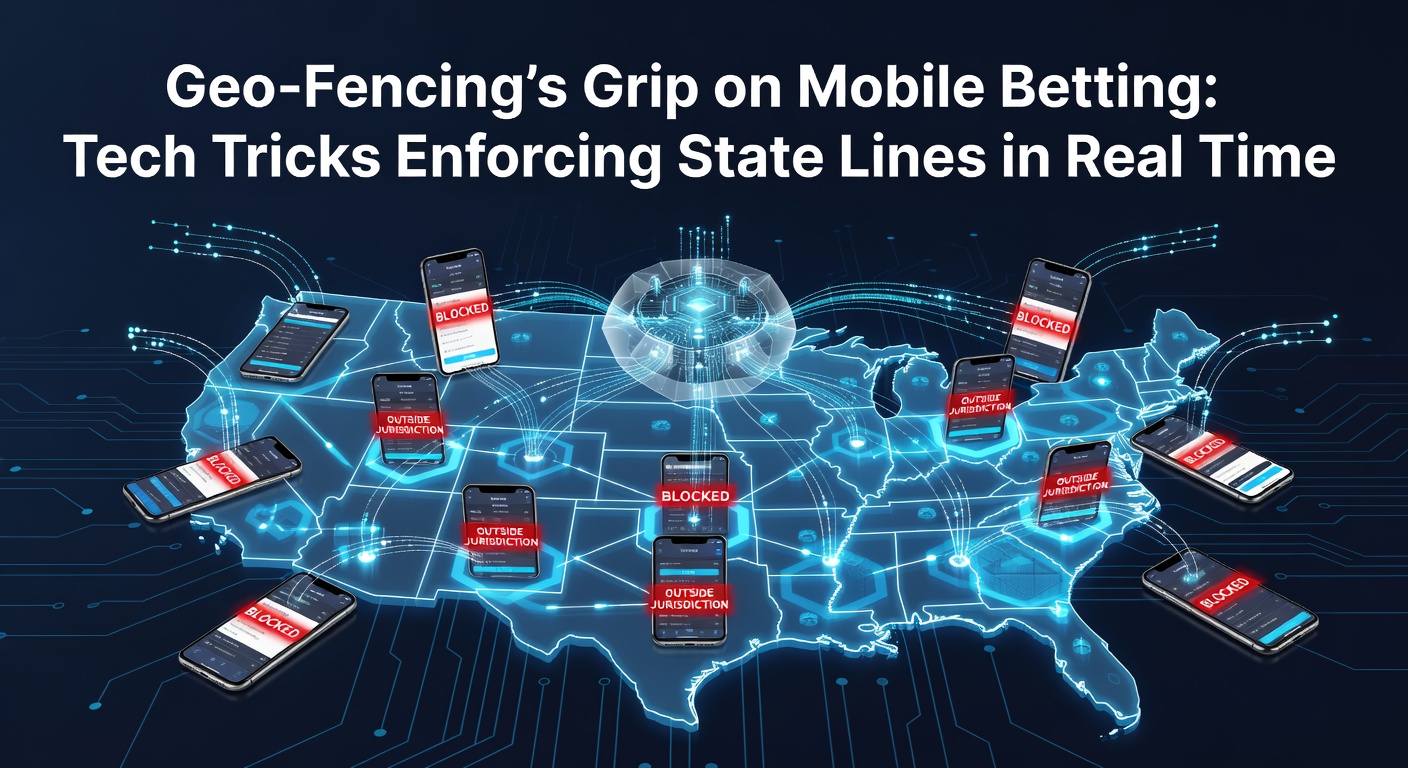 Digital map overlay showing geo-fence boundaries around U.S. states for mobile sports betting enforcement