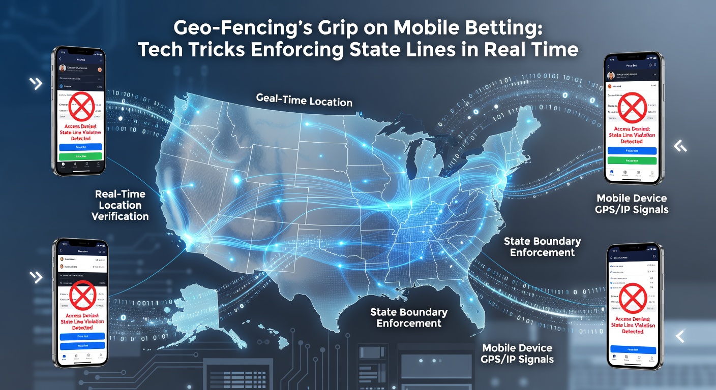 Smartphone screen displaying a sports betting app with geo-fence alert blocking a wager near state border