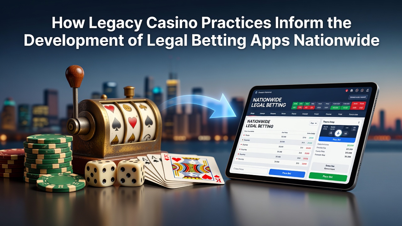 Traditional casino floor with slot machines and digital displays transitioning to mobile app interfaces