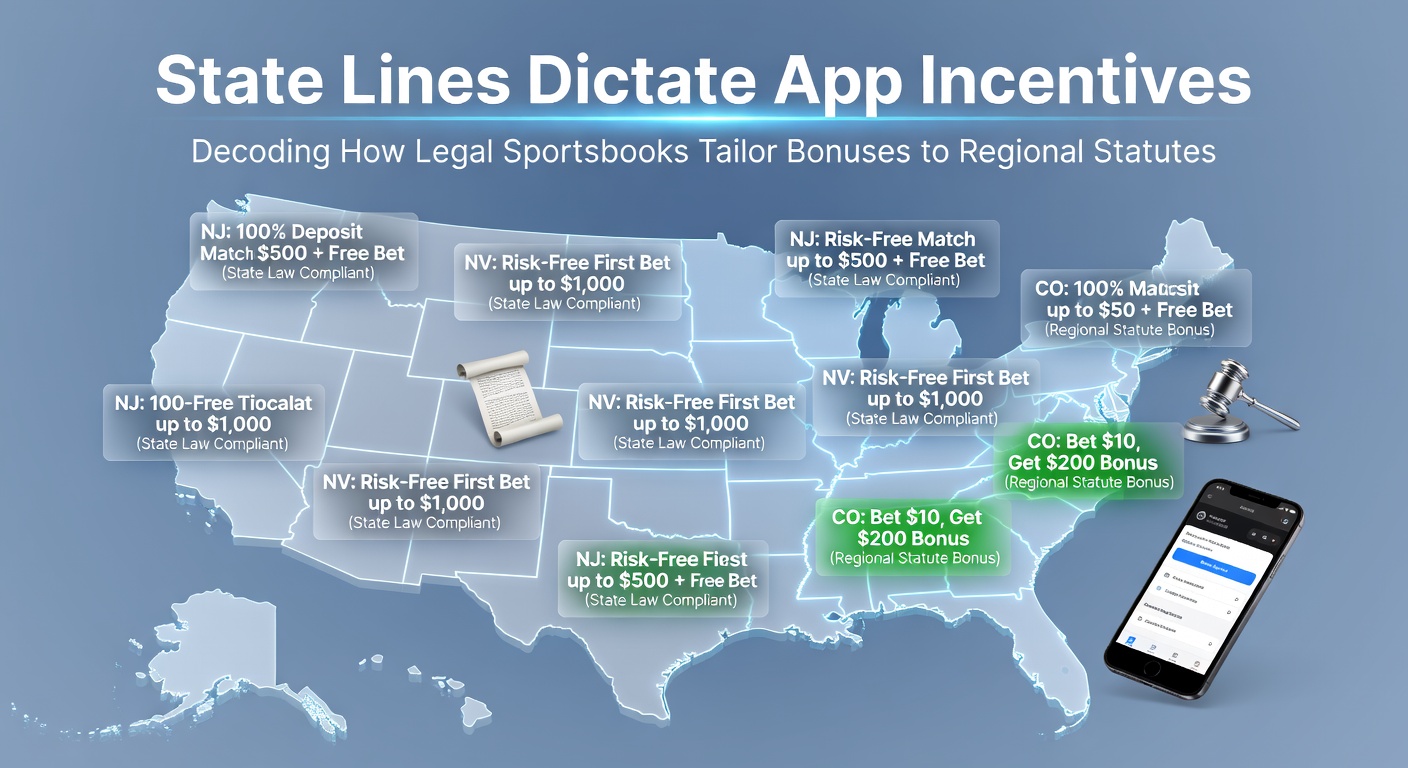 Sportsbook app interface showing location-based bonus offers across different U.S. states