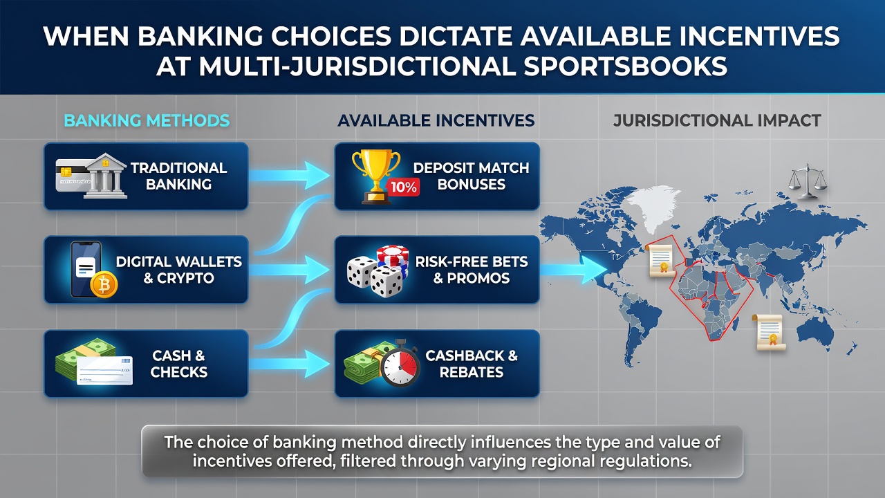 Digital interface showing customized sportsbook bonuses based on selected banking methods and jurisdiction